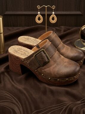 Kork-Ease Brown Leather Buckle Clogs with Studded Trim